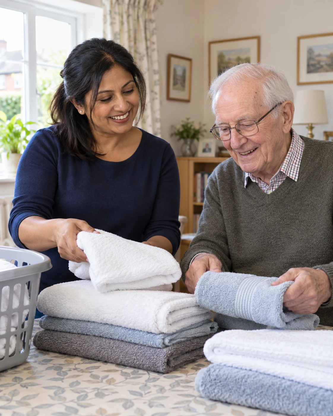 A companion and an older gentleman arranging clean towels at home