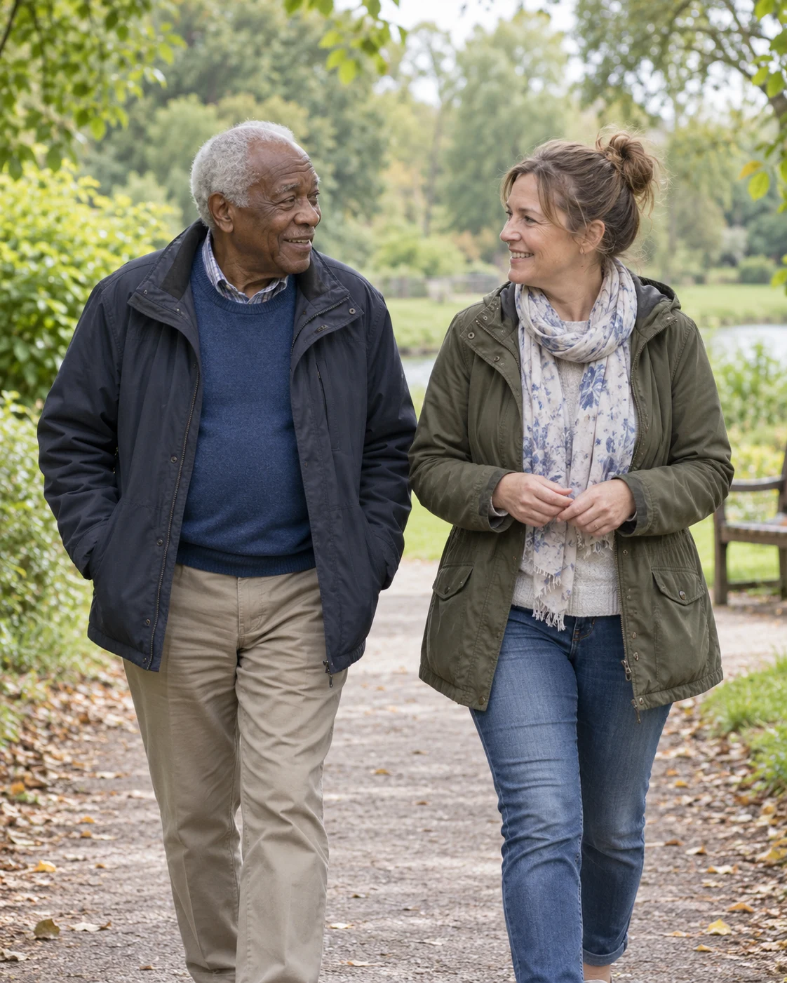 An older gentleman and a companion enjoying a relaxed park walk