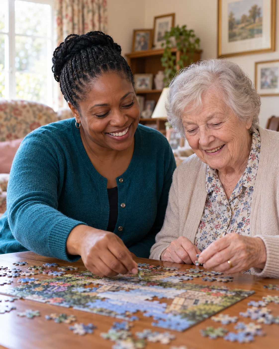A companion and an older woman enjoying a jigsaw puzzle together at home