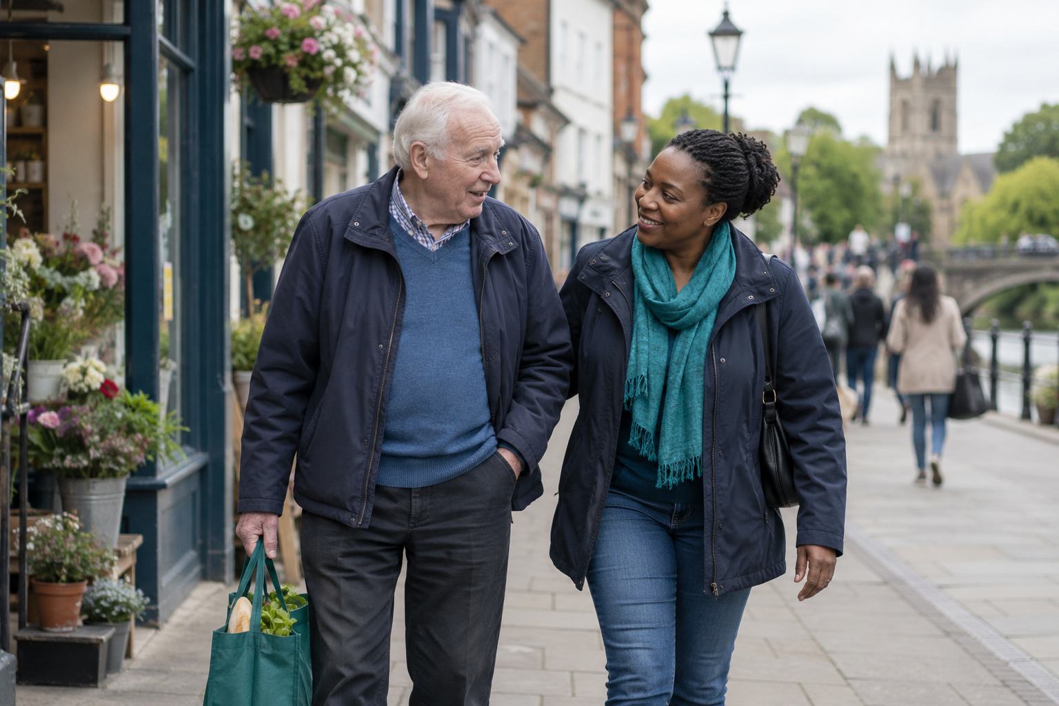 A companion and an older gentleman walking together after shopping