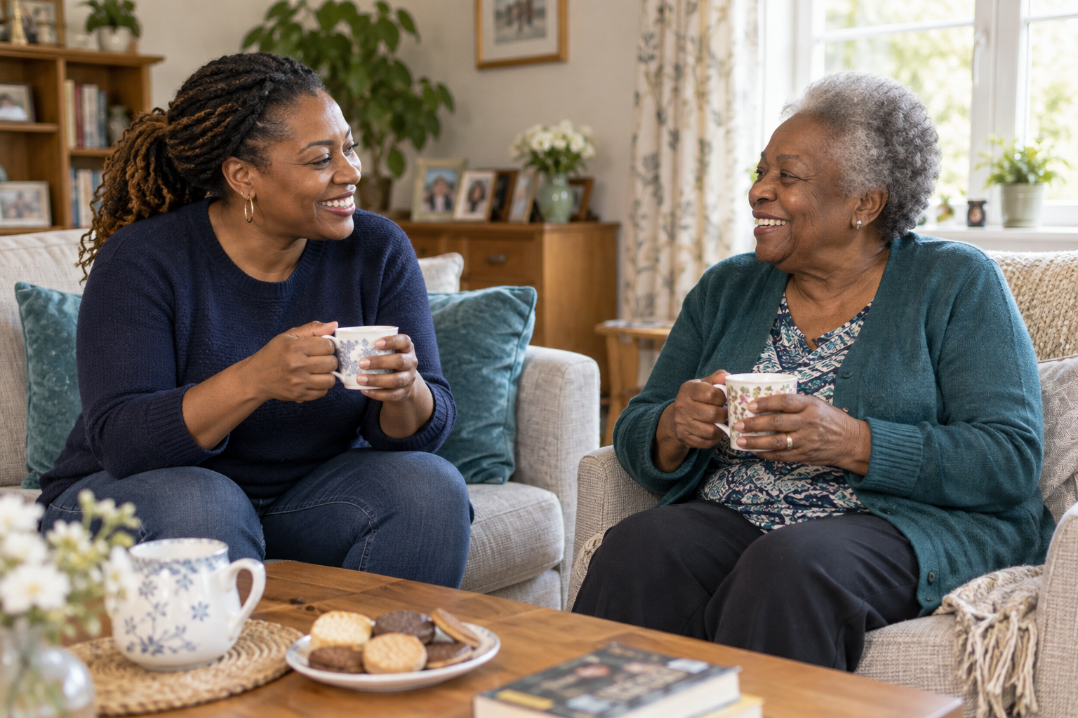 A companion and an older woman enjoying tea and conversation at home