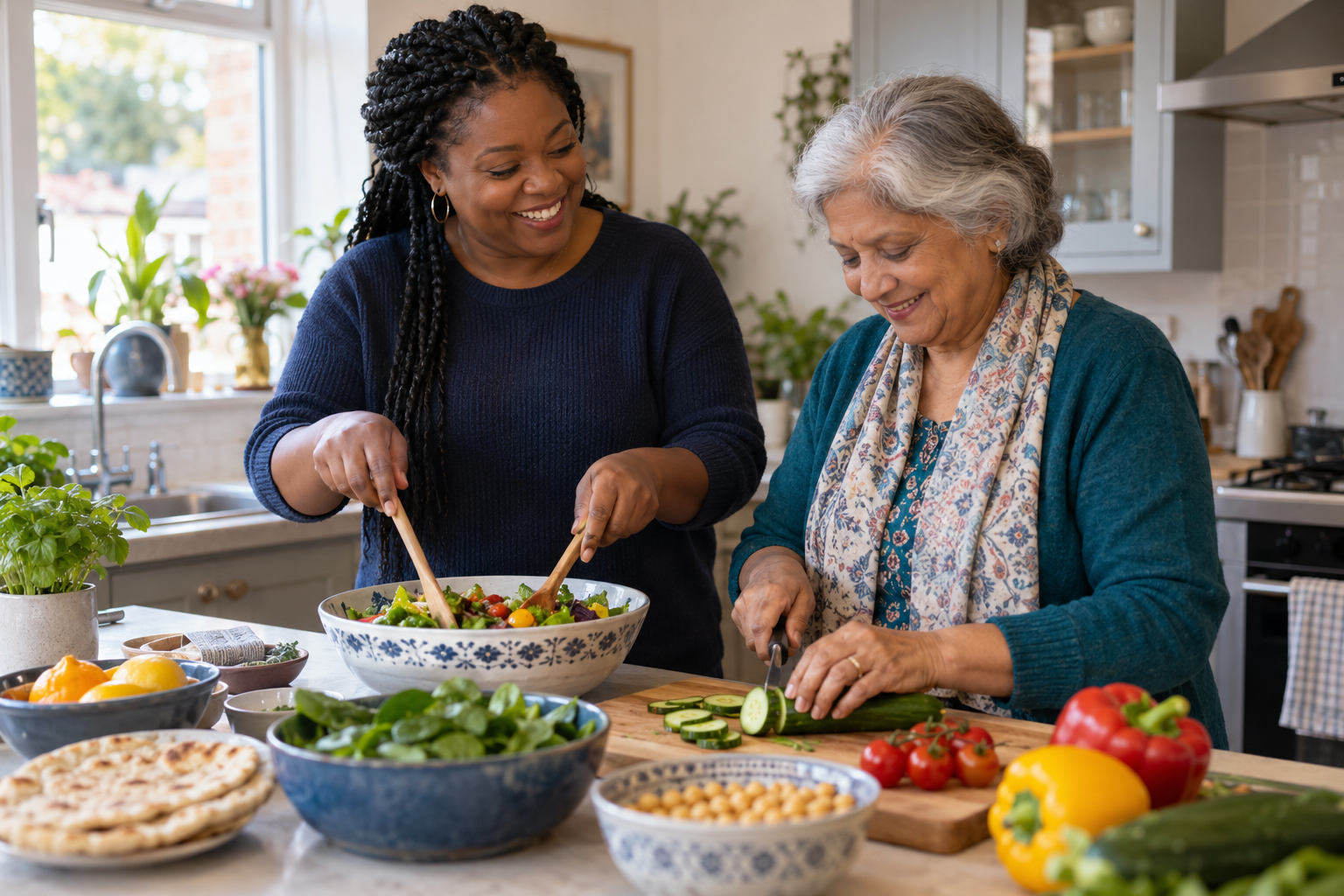 A companion and an older woman preparing a healthy meal together